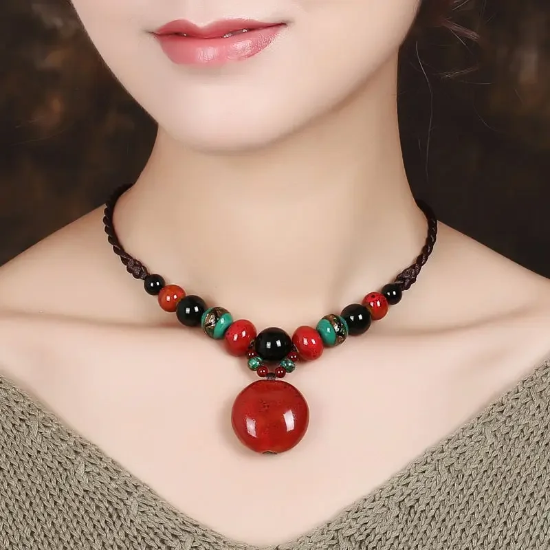 

Ethnic Style Necklace Short Versatile Fashion Women's Clavicle Chain Personalized Ceramic Pendant Vintage Decorative Neck Chain