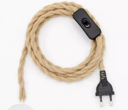 Vintage Hemp Cord Power Cable with On/Off Switch for Retro Pendant Lighting Decor (2-3 Meters, EU Plug)