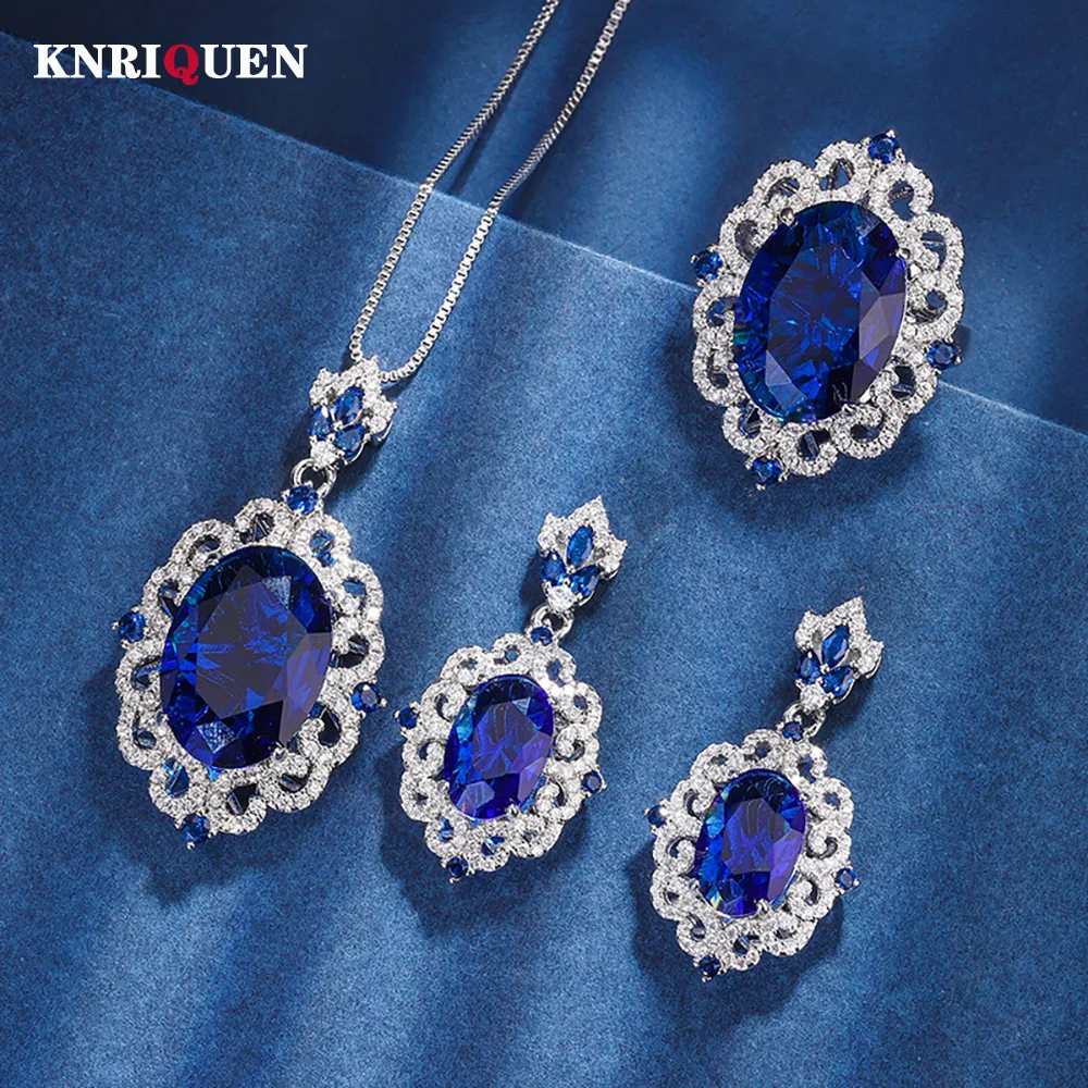 Retro 13*18mm Sapphire Gemstone Necklace Pendant Ring Earrings Lab