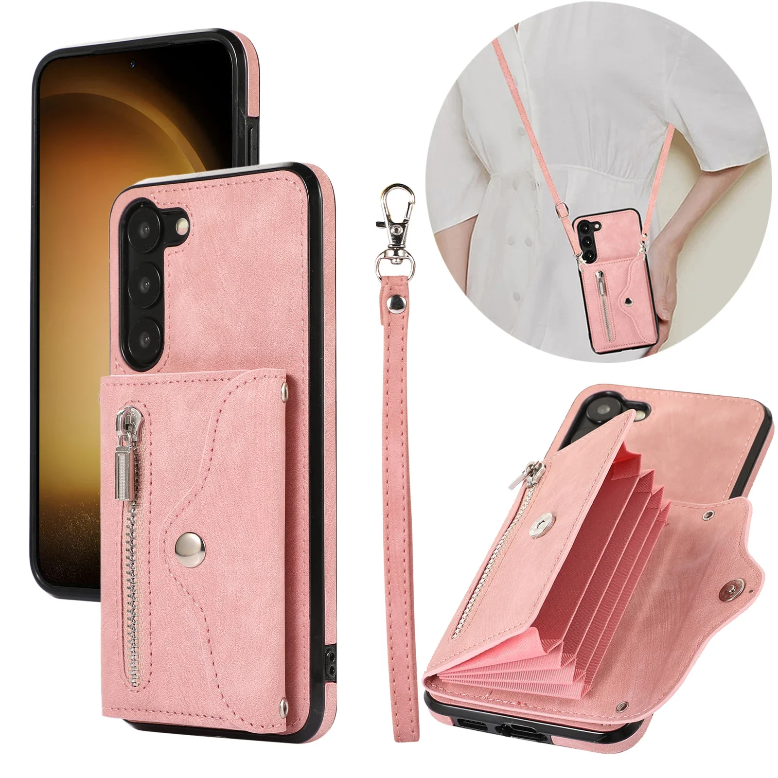 Elegant Crossbody Leather Zipper Wallet with Card Slots and Long Lanyard