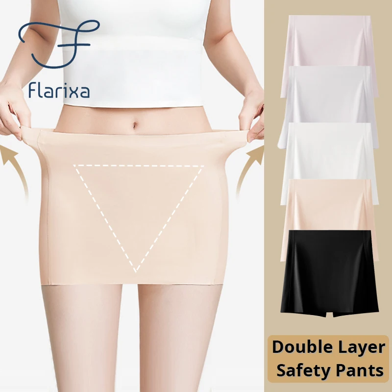 Flarixa Seamless Skirt Shorts Double Layer Front Crotch Panties Women Ice Silk Safety Pants Anti Friction Underwear Underpants safety shorts seamless panties safety pants women shorts underwear