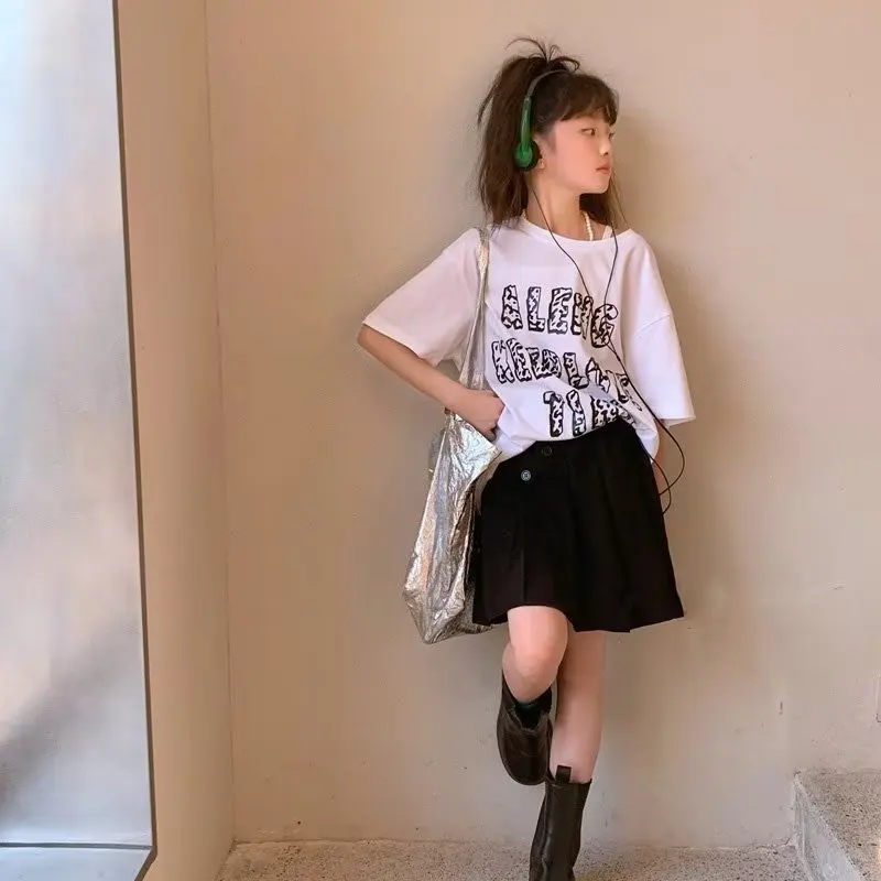 

Trendy Loose Fitting Japanese Harajuku Children's Clothing Summer Round Neck Simple Short Sleeved T-shirt Women's New Style