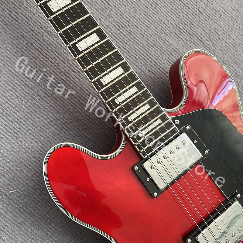 Big red glossy electric guitar, hollow jazz, professional level, free shipping and door-to-door delivery.