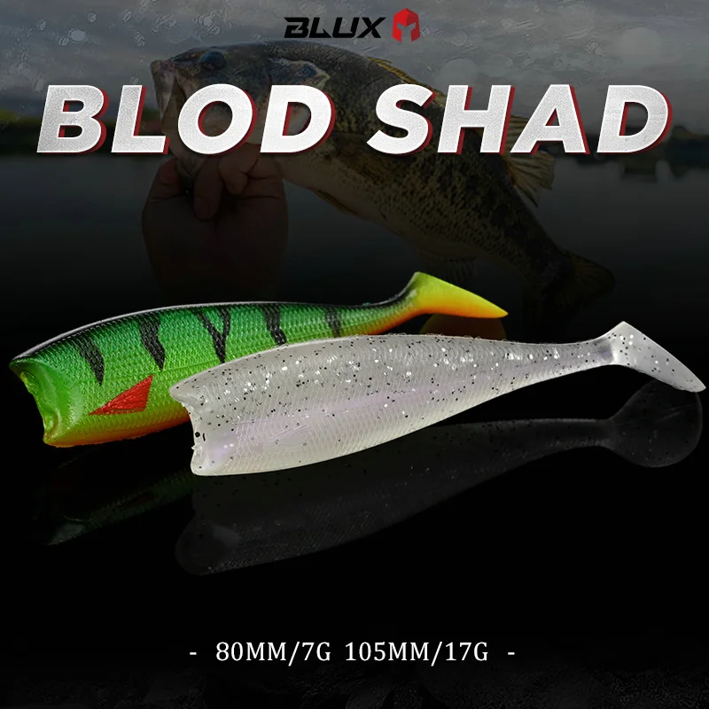 BLUX BLOD SHAD-señuelo de pesca suave de 80mm y 105mm, Jighead, cola negra, pececillo, cebo de silicona Artificial, equipo de Swimbait para lubina de agua salada