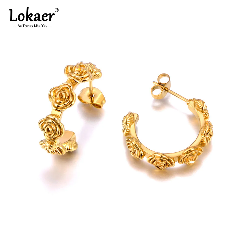 Lokaer 여성용 스테인리스 스틸 장미 식물 후프 귀걸이, 316L 패션, 18K 리얼 골드 도금 웨딩 쥬얼리 액세서리, E24027