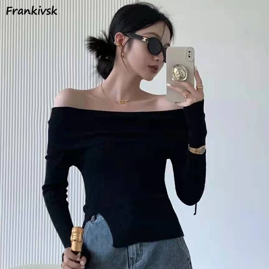 

Slash Neck Sweaters Women Sexy Shirring 5 Color Advanced French Style Temperament Spring Autumn Office Lady Side Slit Solid Chic