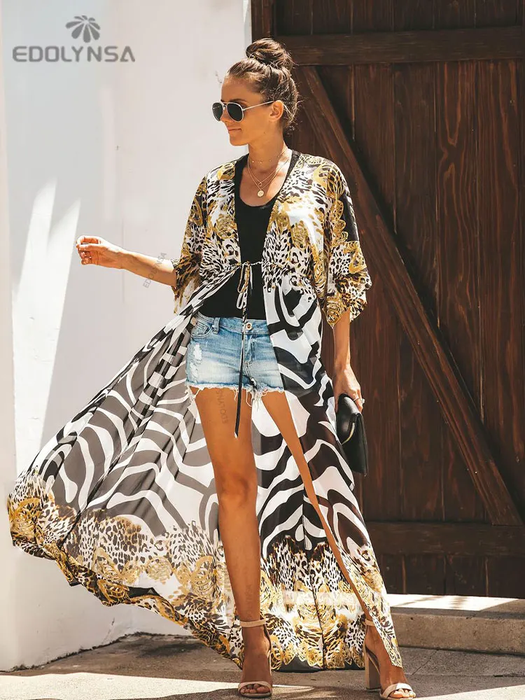 Bikini Blouse Shawl Chiffon Leopard Cardigans Summer Beachwear Kimono Tops BURFLY Womens Plus Size Beach Cover up 
