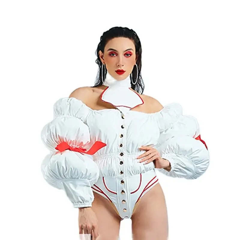 

Gogo Nightclub Dancing Clothes White Stitching Leather Bodysuit Leather Boots Nightclub Bar DS Outfit Dancer Costumes