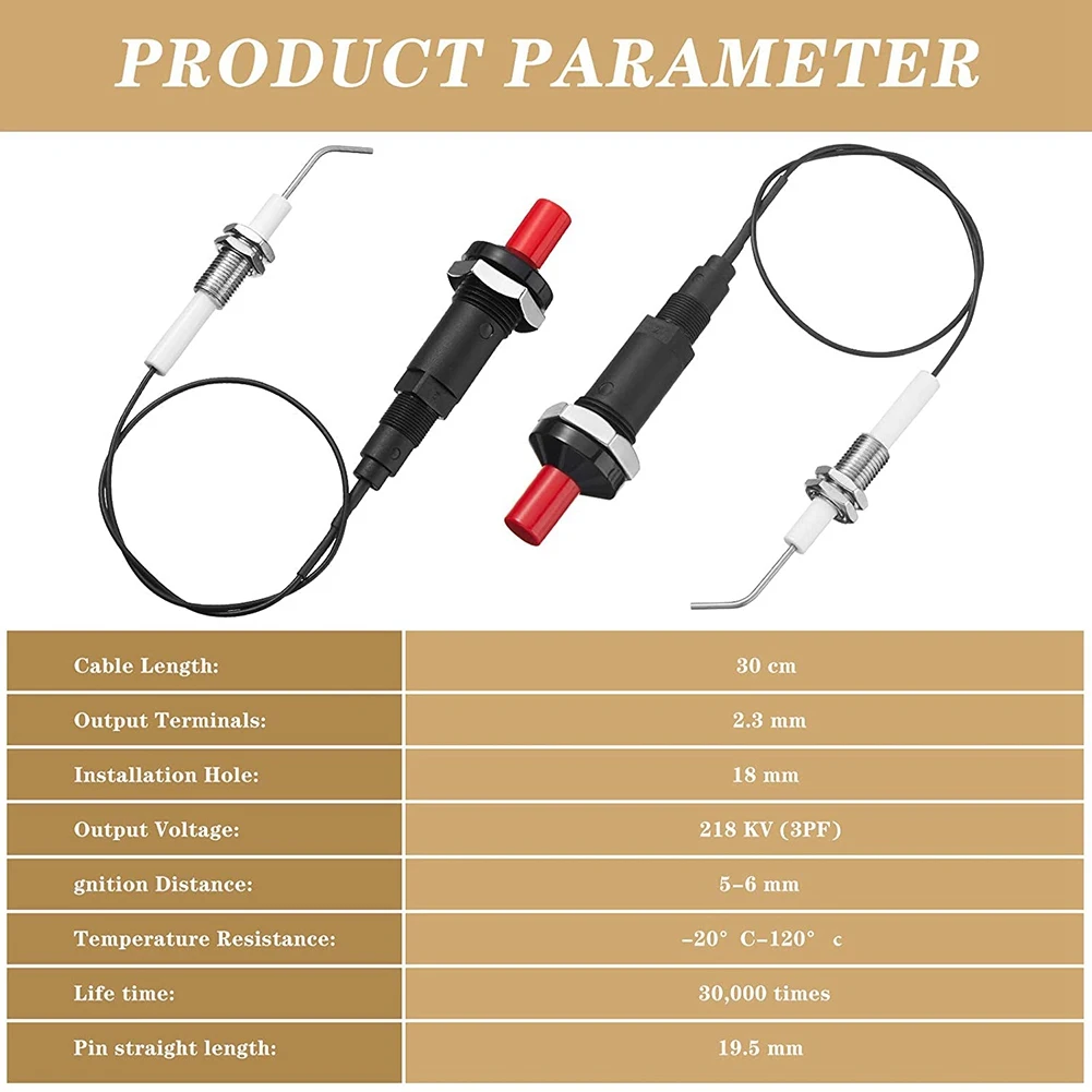 4 Pieces Propane Push-Type Piezo Igniter Kit with Threaded Ceramic Electrode Ignition Plug Wire 30 cm for Gas Grill