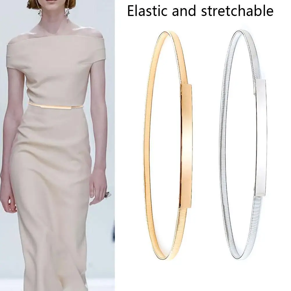 

New Fashion Women Skinny Belt Simple Thin Slim Metal Adjustable Gold Belt Waist Belt Versatile Dress Silver Color Elastic B9U7