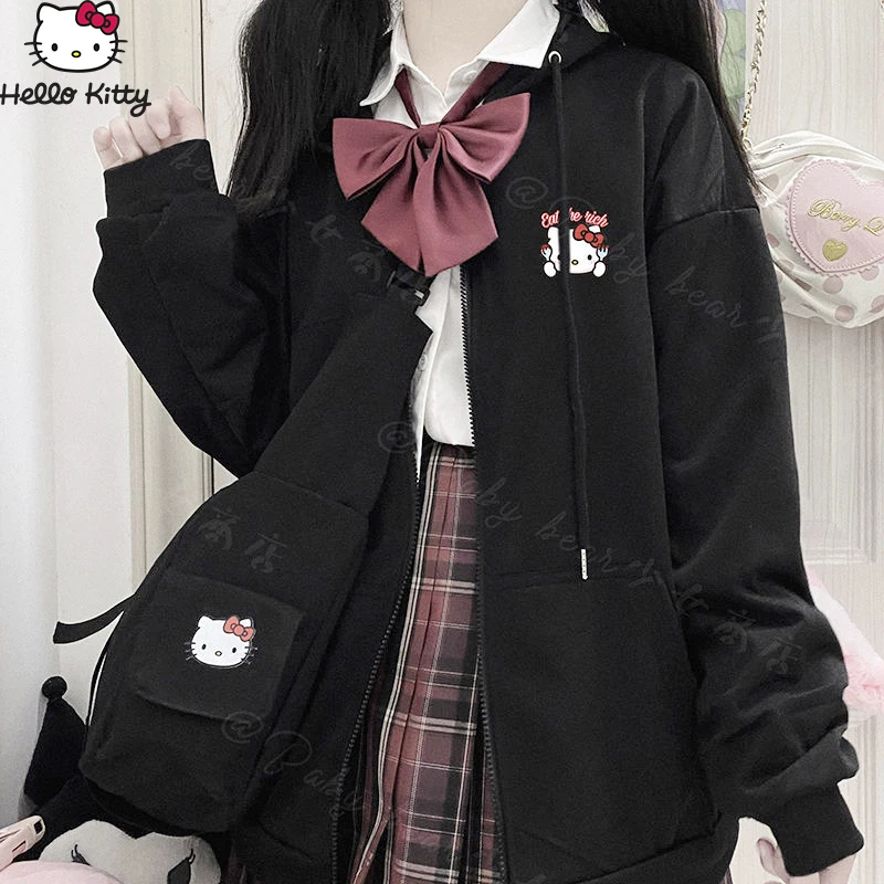 

Кардиган с капюшоном Hello Kitty для девушек, Sanrio Kuromi Cinnamoroll Kawaii, хлопковая осенняя куртка на молнии, свободное студенческое милое пальто