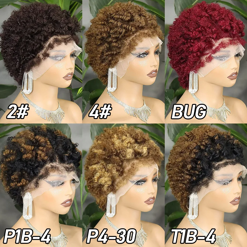 T1B/30 Colored 4C Hairline Afro Kinky Curly Short Human Hair Wigs 13x4 Lace Frontal Edges Afro Kinky Curly Hair Wig for Women 5