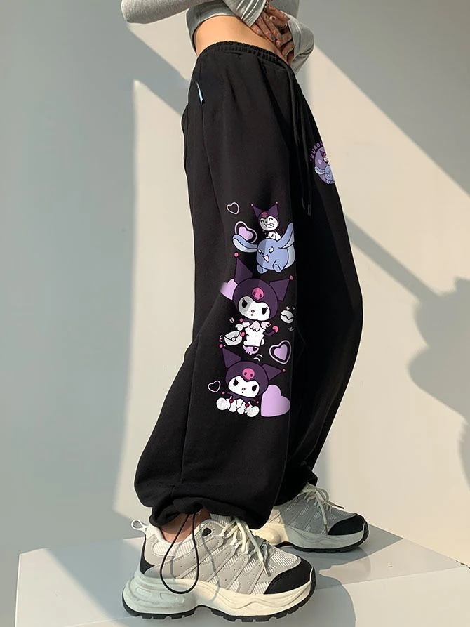Sanrio Cute Kuromi Black Wide Leg Pants For Women's New High Waist Casual Strap Sports Pants Hip Hop 2000s Aesthetic Trousers