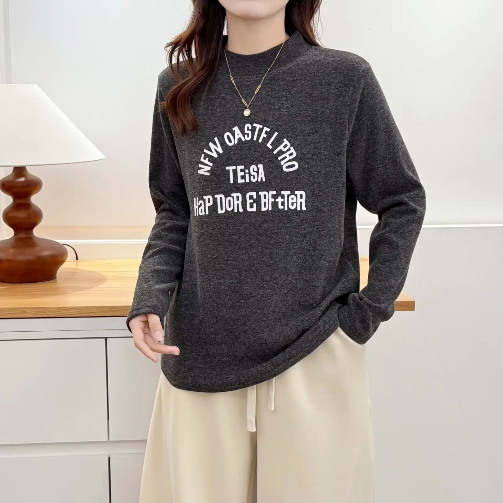 XXXXL Fashion Plus Size Women's T-Shirt Simple Basic Style Thickened Printed Letters Long Sleeved Autumn Winter Warm Inner Tops