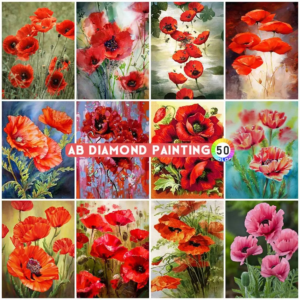 YSCOLOR Diamond Painting 5D Completo, Tondo, Papaveri Rosa, 30x40cm, Kit Fai-da-te Con Strass