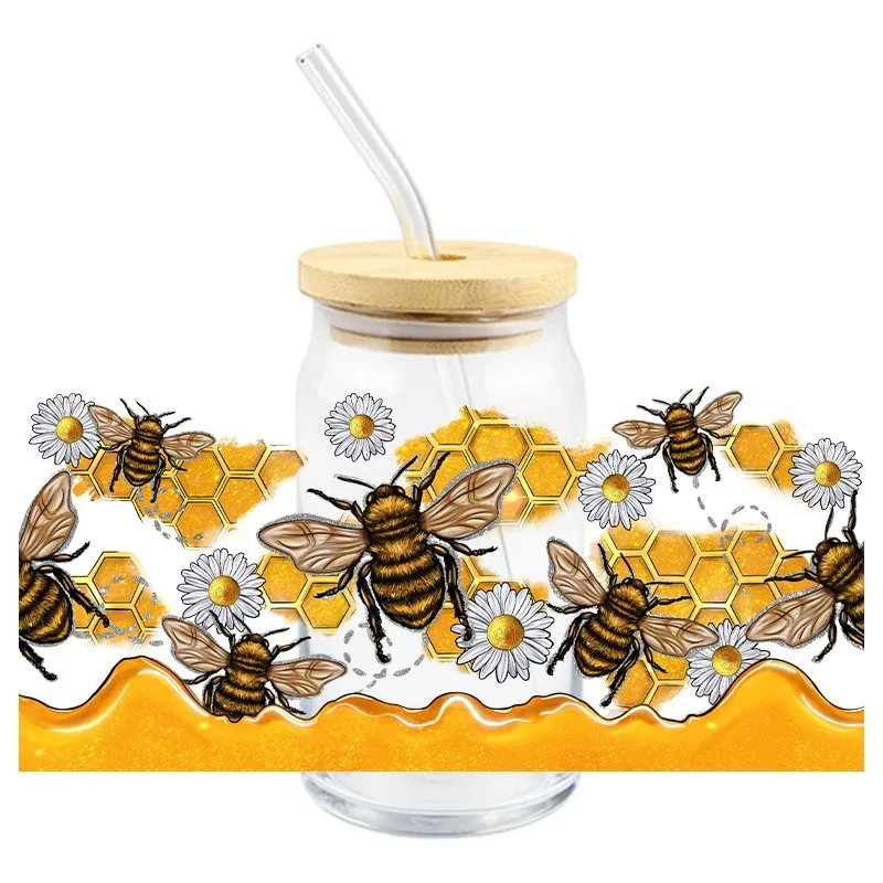 Cartoon Bee UV DTF Wrap Transfer Stickers Waterproof DTF Wrap For Glasses Cups Bottles Mugs Decal Easy To Use