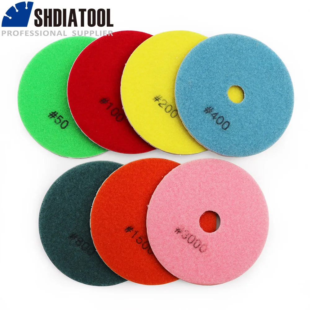 

SHDIATOOL 7pcs/set 4"/100MM Diamond Wet Polishing Pads White Bond Resin Bond Sanding Disc for Marble Granite Concrete Stone