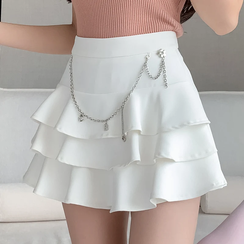 Sexy Layered Ruffles High Waist Sweet with Chain A-line Skirt for Women 2024 Summer Korean Fashion Y2K Solid Slim Shorts Skirts
