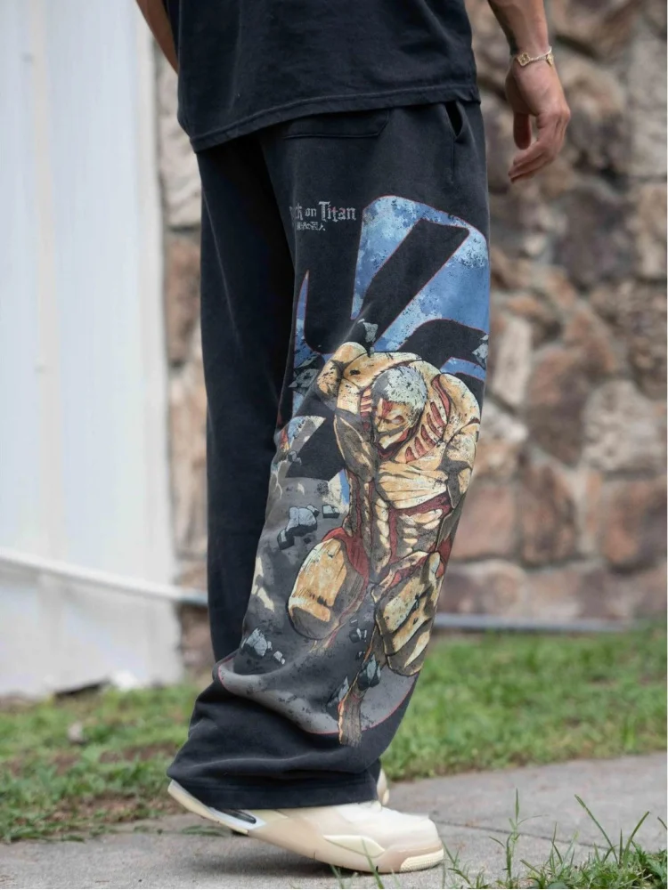 2025 New American Style Men's Pants Spring Autumn Anime Attack on Titan Print Jogger Cotton Loose Wide Leg Straight Pants 2