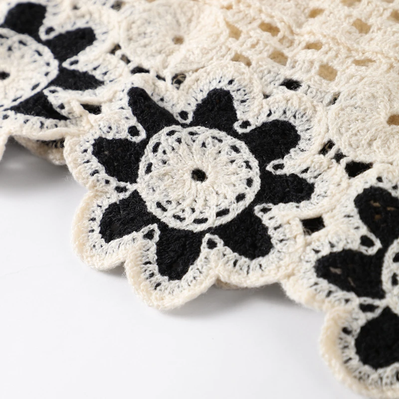 Description Picture 5 of itemPrint Hollow Out Knit Set Women Sleeveless Sexy O-neck Short Vest Flower Knitting Pants Casual Simple Vintage 2 Piece Female Set