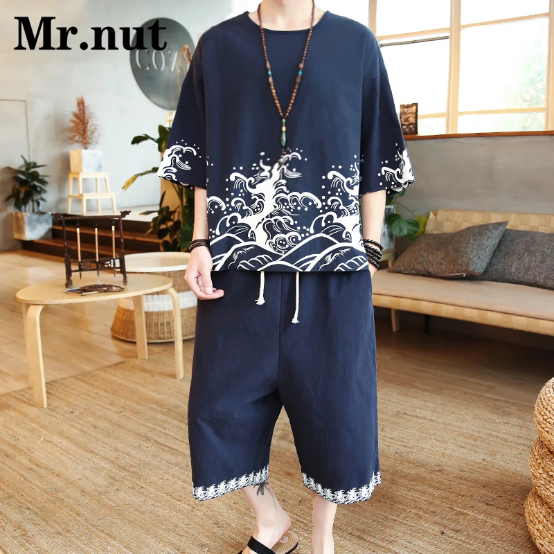 

Комплект одежды Mr.nut из хлопка и льна с принтом морской волны, комплект из двух предметов, Мужская футболка, Капри, брюки, одежда, Свободный Летний Пляжный костюм для отпуска