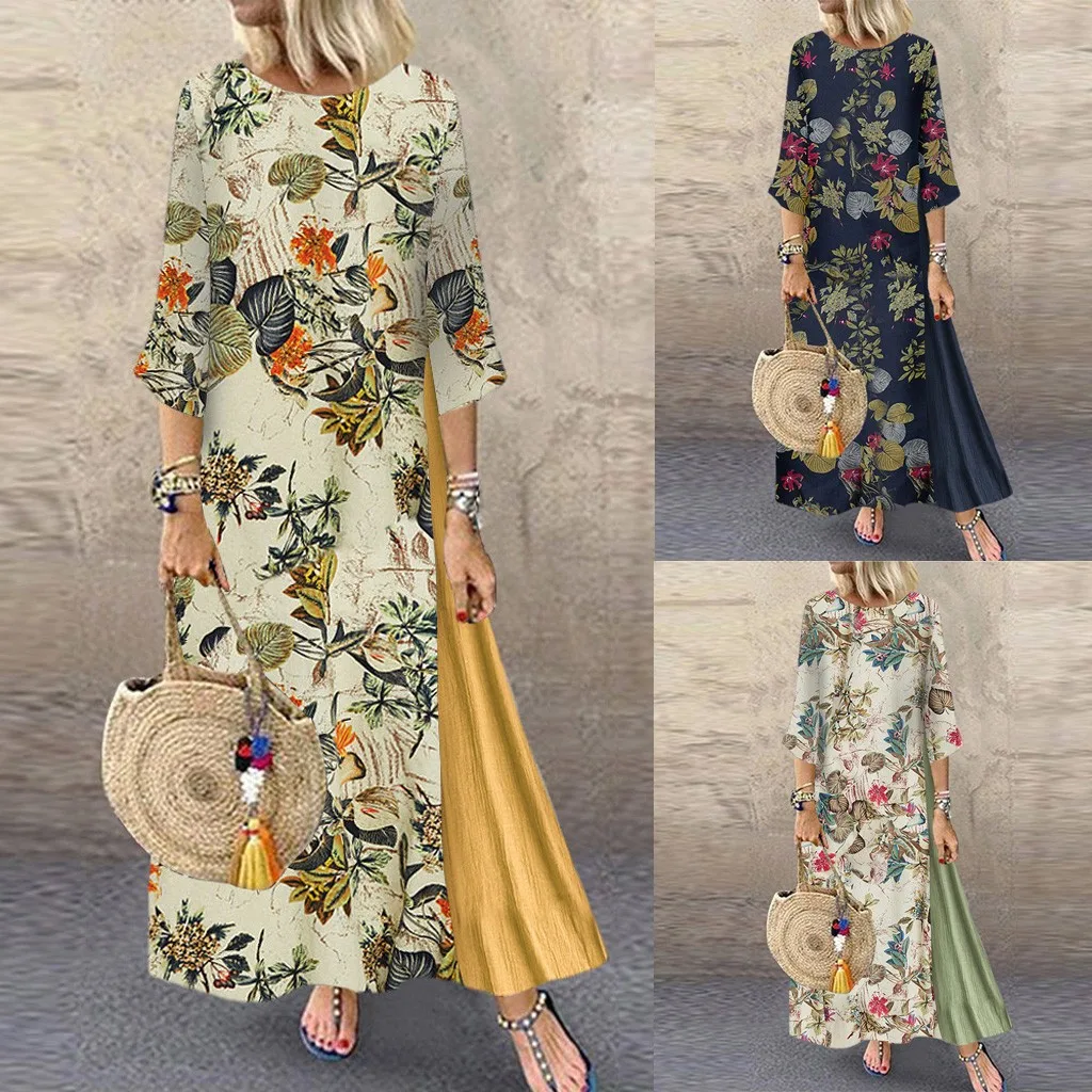

New Fashion Summer Dress Women 2023 Vintage Print Floral Patch Dress 3/4 Sleeve Loose Maxi Dress Vestido Feminino Free Shipping