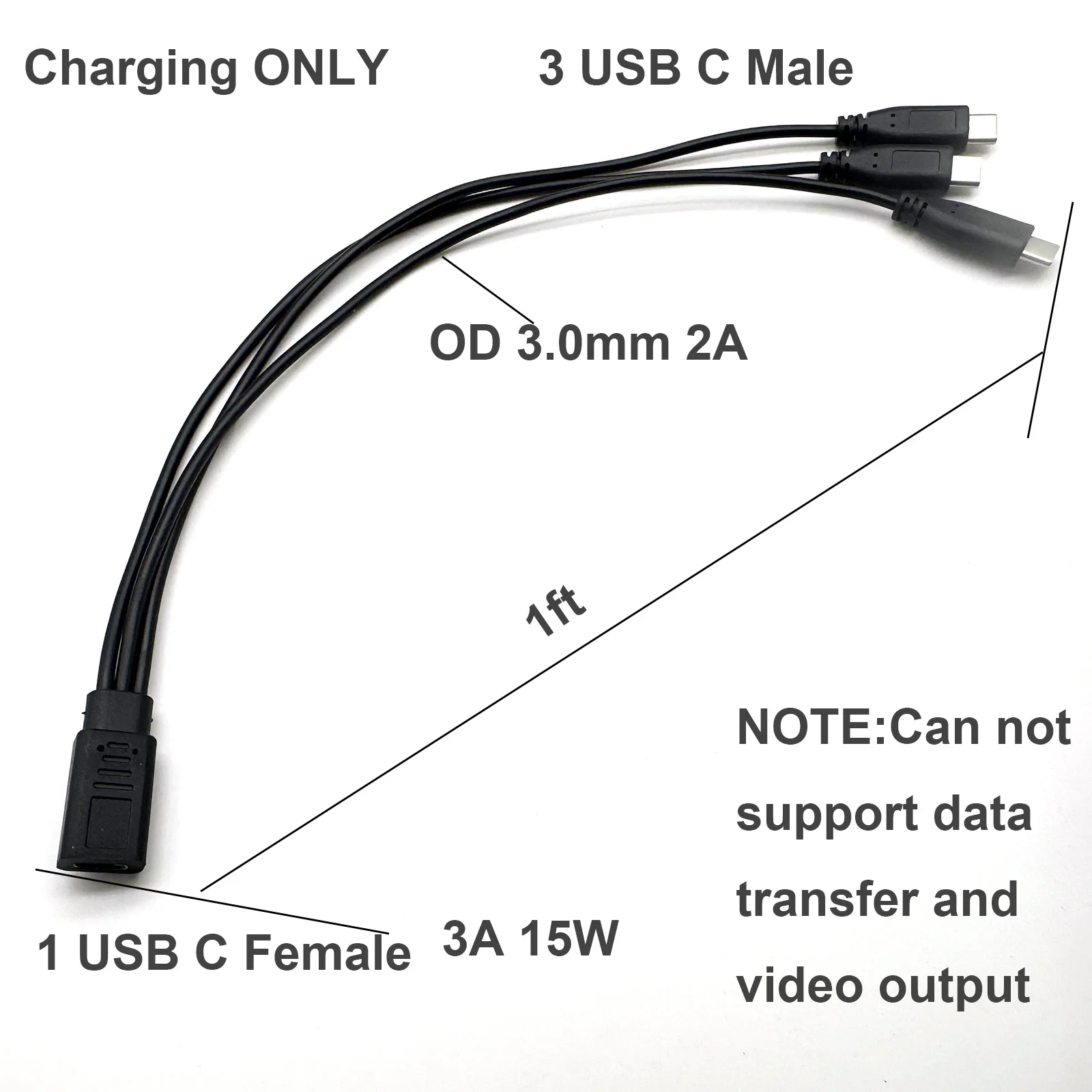 USB C 스플리터 충전 케이블 1개, USB C 타입 C 암-3개 USB C 타입 C 수 연장 충전 케이블, 3 in 1 고속 충전 코드