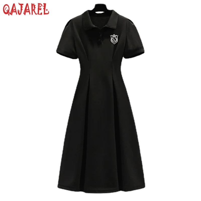 

2023 Green Fashion Elegant Office Lady Dress Summer Short Sleeve Polo Collar Midi Dress Women Black Kroean Vintage Hepburn Dress