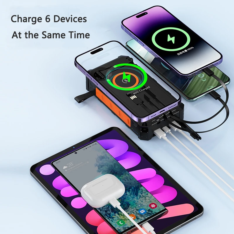 무선 파워뱅크 20000mAh 핸드 크랭크 충전 캠핑 용품 휴대용 충전기 케이블 라이트 태양광 충전 아이폰 17용