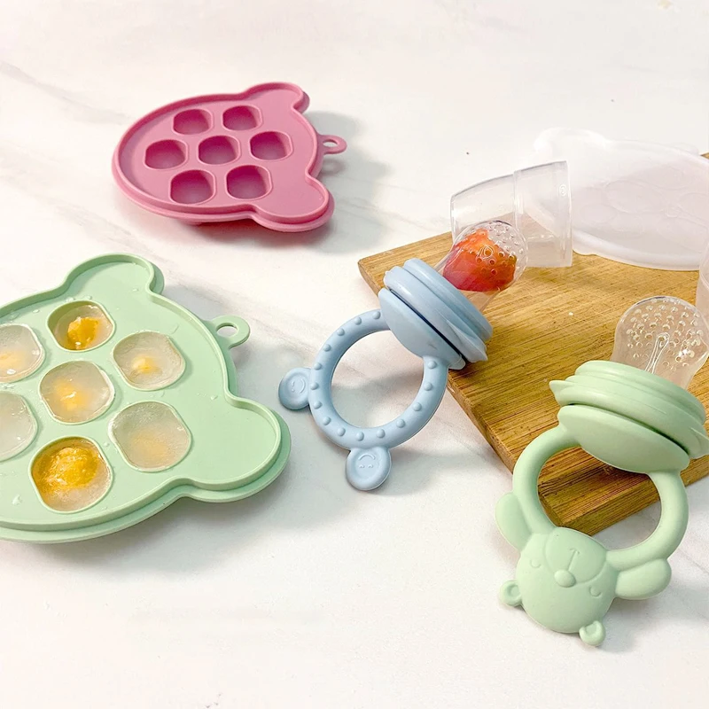 2pcs Bear Set Bites Fruit Feeder Breastfeeding Freezer Tray Food Soup Silicone Freezer Tray Silicone Popsicle Moulds fruit food feeder