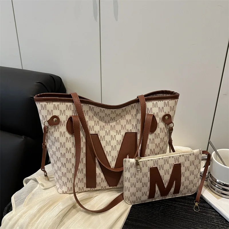Monogrammed Tote Bag & Mini Bag Set Stylish Purses with Logo Accents Large Capacity Handbags Shoulder Bag for Women's Daily Use