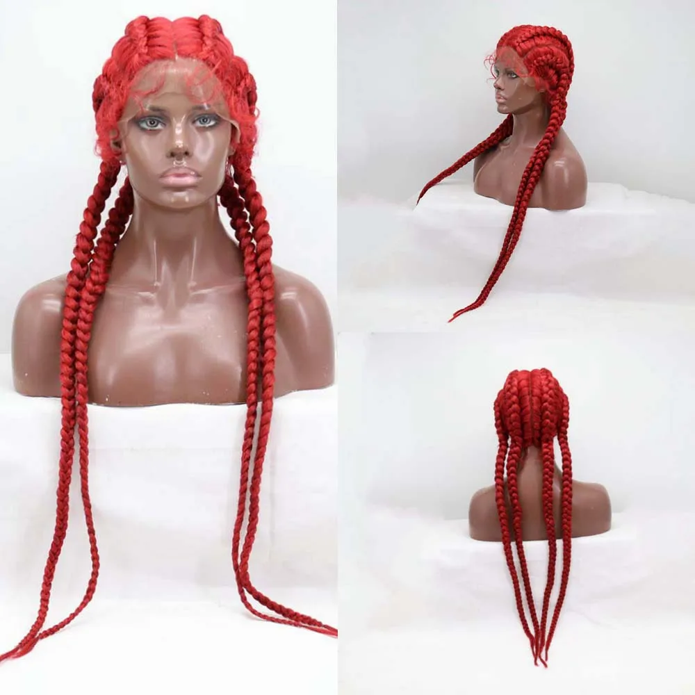 Sylvia Wig Red Braid WigsBox Braids Synthetic Lace Wig Full Hand Braided Heat Resistant Fiber Hair Lace For Afro Black Women