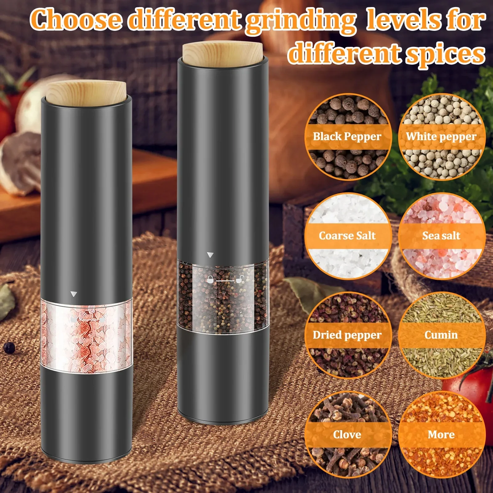 Electric Salt Pepper Grinder with Wood Lid Ceramic Burr Mill Adjustable Kitchen Grinding Gadgets for Herb/Pepper/Spice Black