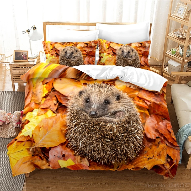 

Leaves Hedgehog 3D Bedding Set Queen King Size Duvet Cover Set Cute Animal Quilt Cover and Pillowcase Bedclothes for Kids Adults