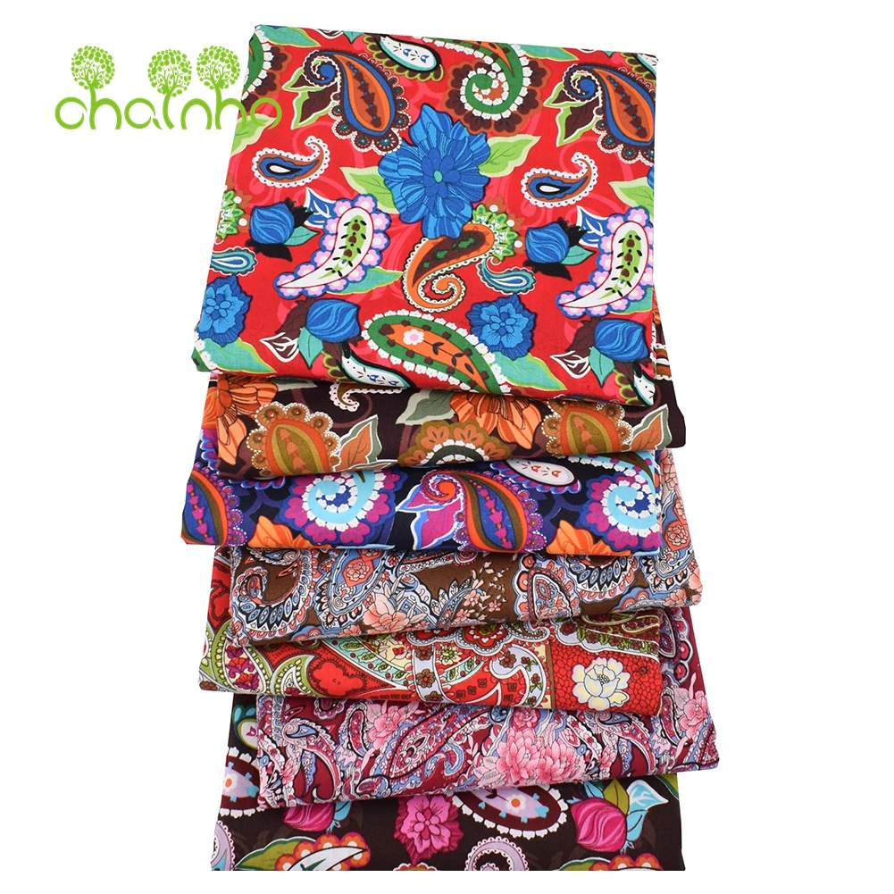 Chainho,Printed Plain Weave Poplin Cotton Fabric,DIY Quilting Sewing Material,Patchwork Cloth,Floral Series,3 Sizes,15PC48