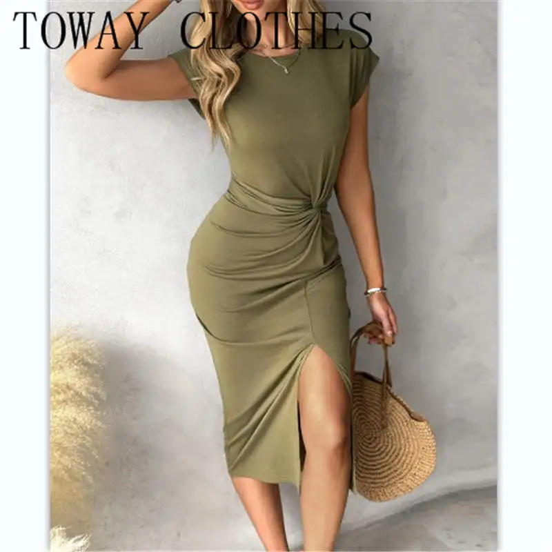 

Dress For Women Summer Round Neck Short Sleeve Twist Side Slit Midi Causal Dresses