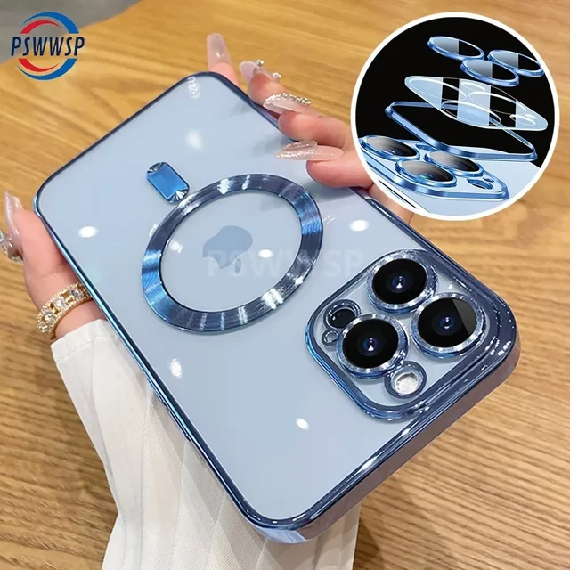 Magnetic Plating Case For iPhone 15 14 16 13 12 11 Pro Max With Camera Lens Protector Glass For Magsafe Wireless Charger Cover