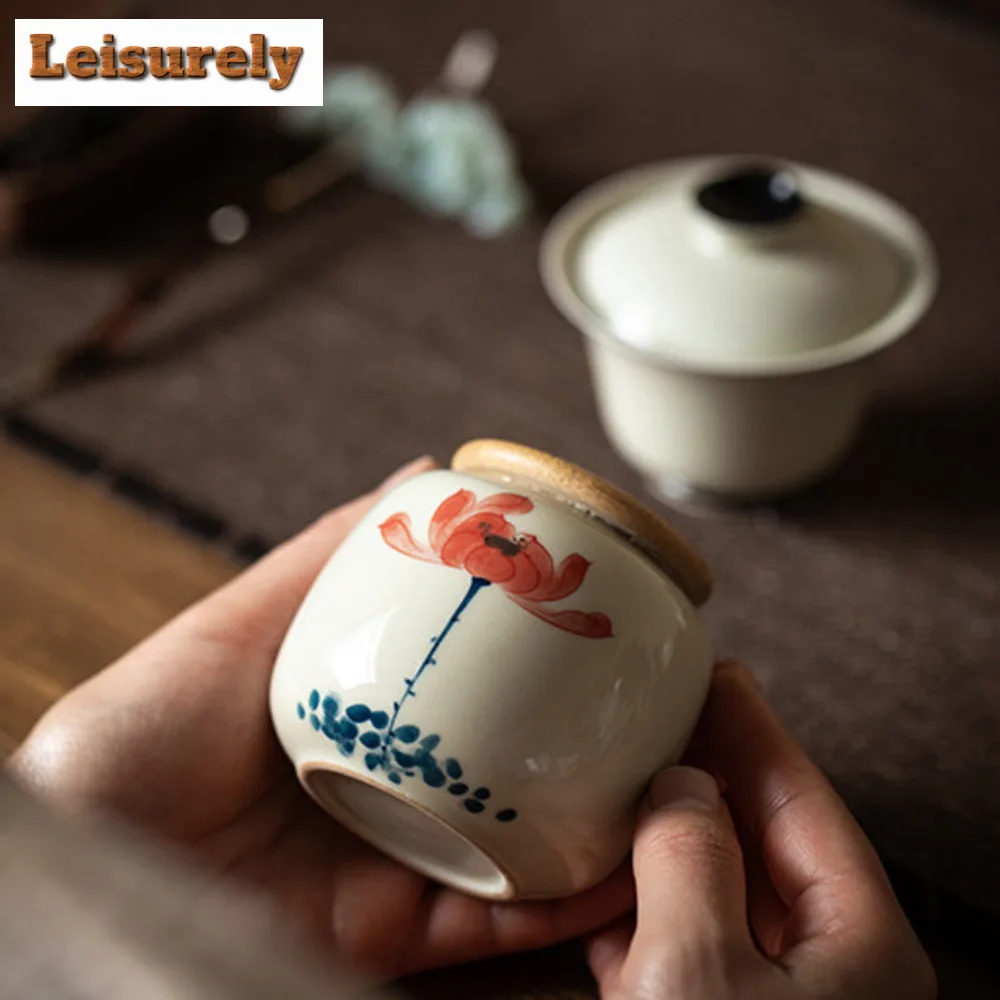 225ml Hand-painted Lotus Tea Box Organizer Japanese Grass Wood Gray Storage Tank Containers Tea Caddy Dahongpao Cha Decoration