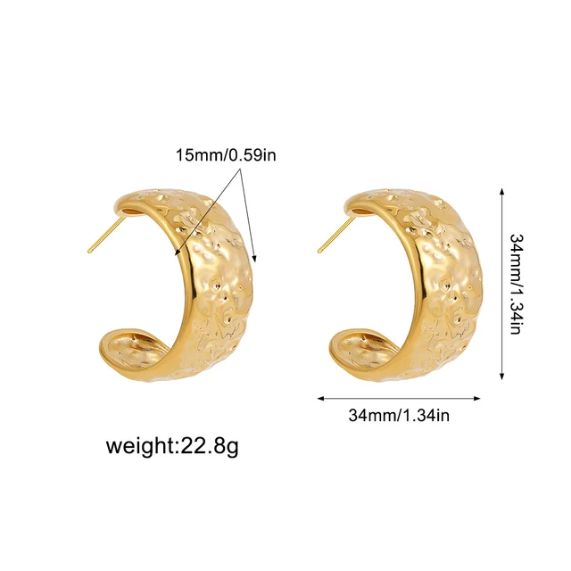 Vintage Gold Plated Hammered Hoop Earrings for Women Statement Wide C Shape Circle Earring Stainless Steel Punk Jewelry Gift 6