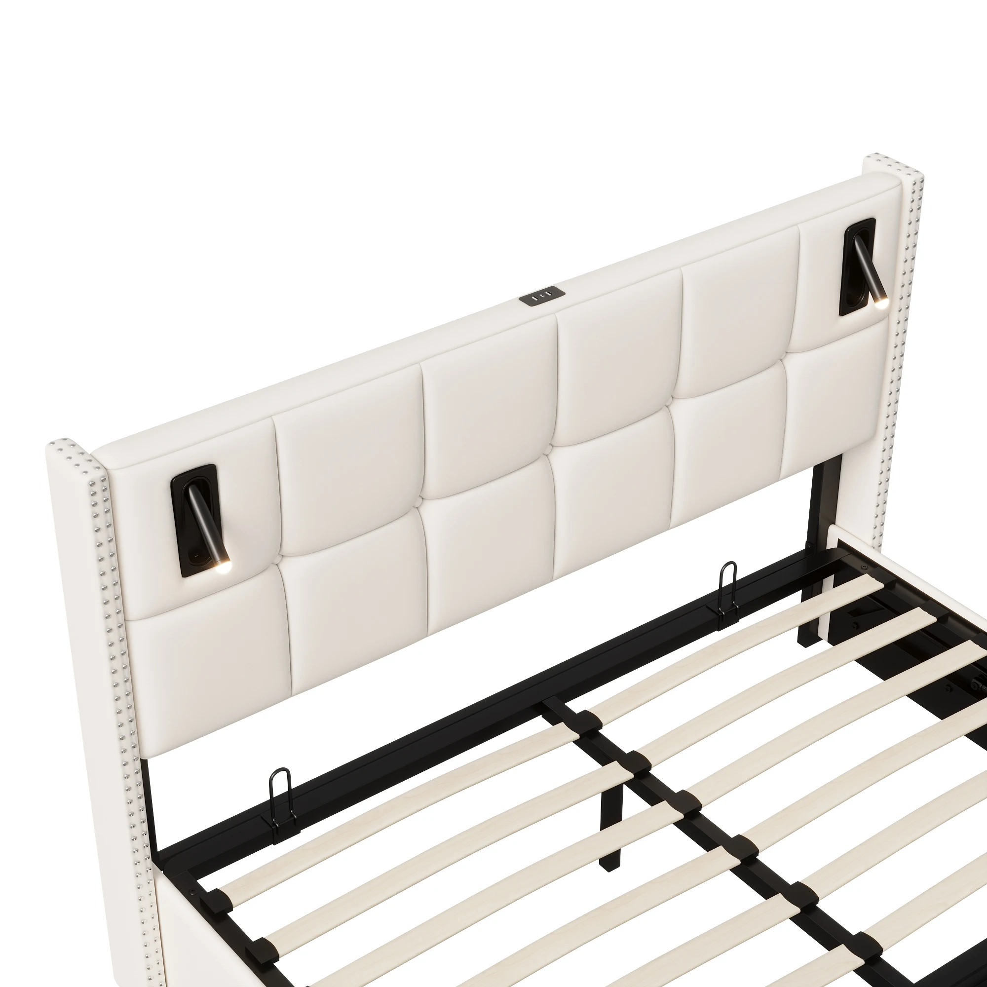 Superaly Polsterbett, Hydraulisches Bett mit Stauraum und Leselampe, mit USB-Ladefunktion, Samt, Beige, 140x200cm – Detail 11