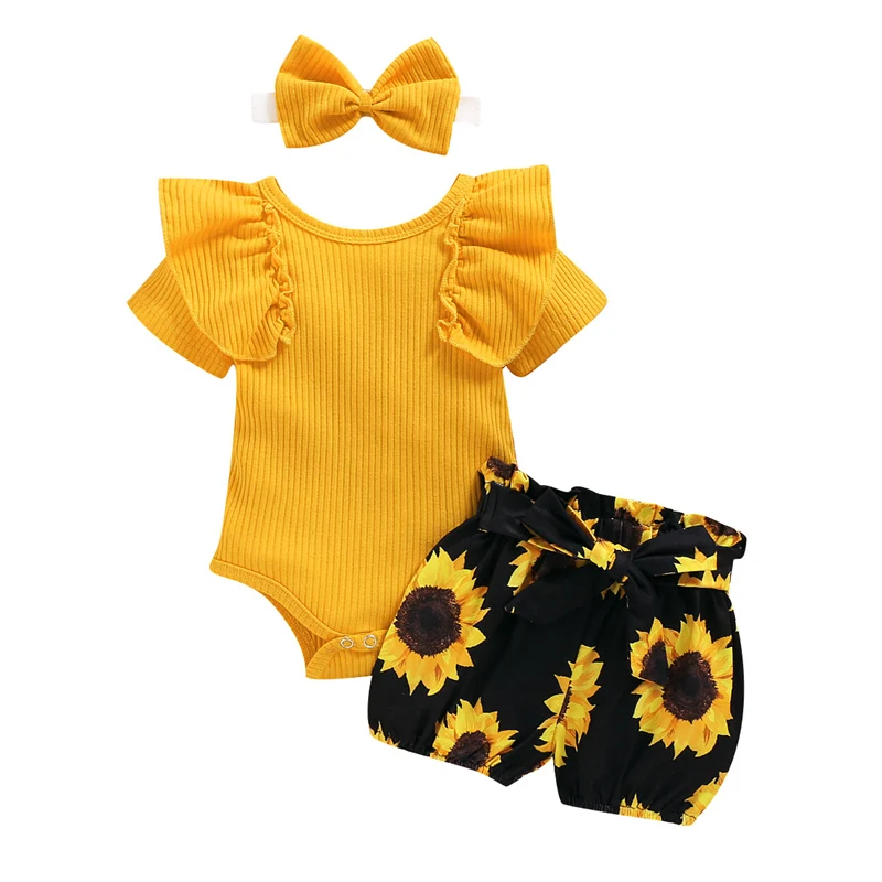 3PCS Baby Girl Clothes Set Short Sleeved Solid Color Ruffled Romper + Sunflower Print Shorts + Bow Headband stylish baby clothing set Baby Clothing Set