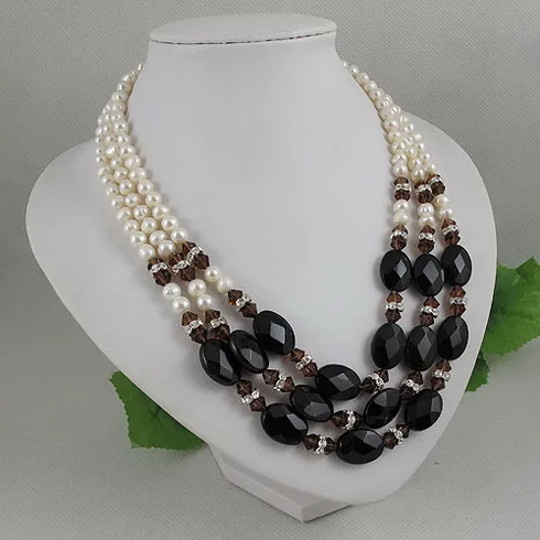 

Wedding Birthday Party Natural Pearl Necklace 3Rows White Freshwater Pearl Blac Agate Crystal Fashion Jewelry Nice Lady Gift