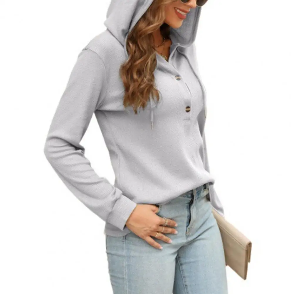 Soft Women Top Soft Waffle Texture Felpa Con Cappuccio Pullover Per Donna Coulisse Con Cappuccio Manica Lunga Top Con Decorazioni Con Bottoni Traspira