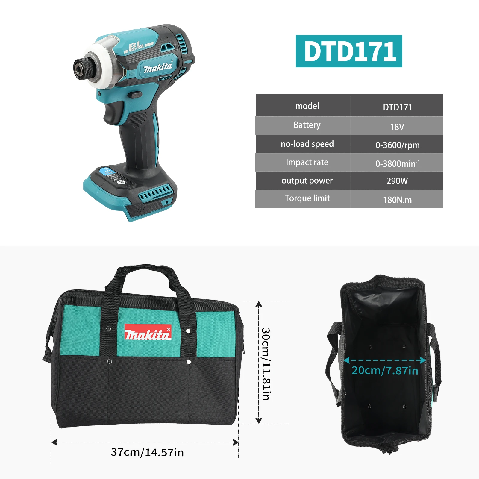 Makita DTD171 18V Brushless Impact Driver Rechargeable Screwdriver Drills Cordless Power Tools Oxford toolkit