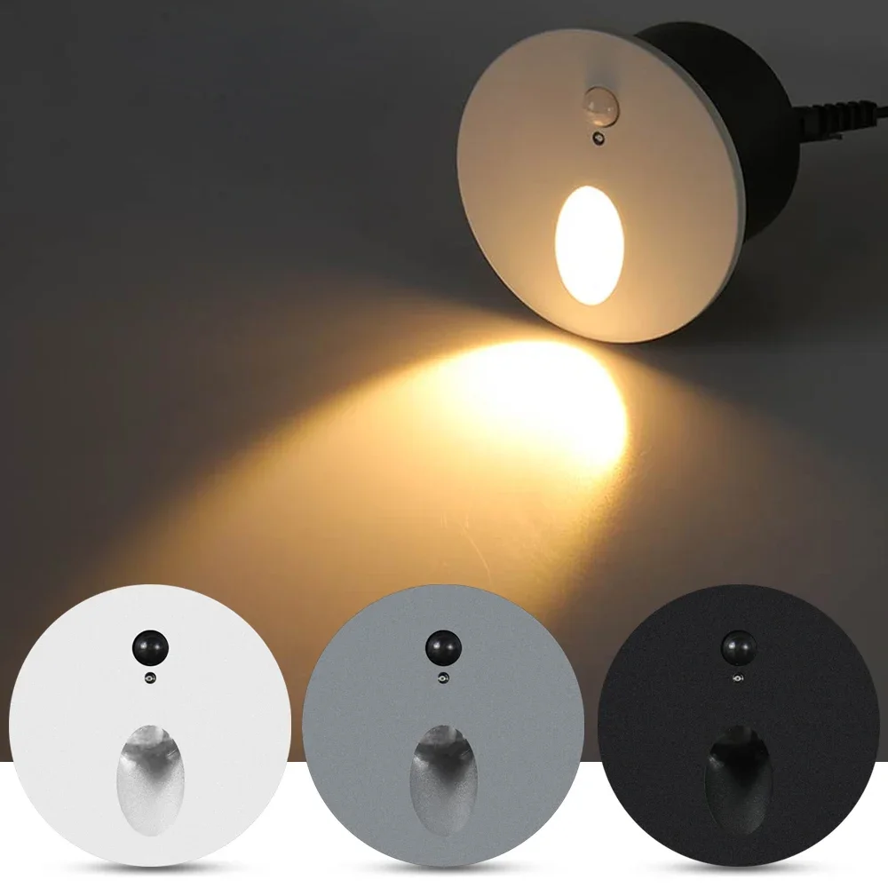 

3W Stair Footlight Light Motion Sensor Wall Lamp Recessed Round Night Lights for Step Balcony Kitchen Bedroom Closet Wall Light