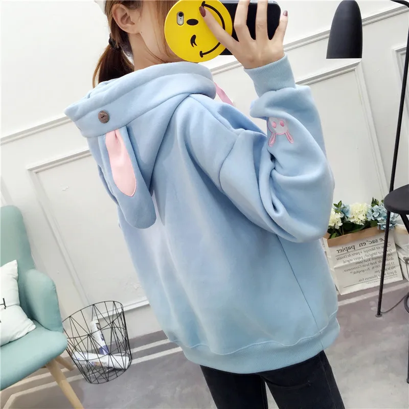 2024 Spring Autumn Harajuku Loose Casual Hooded Pullovers Kawaii Rabbit Ears Hoodies Women Cute Embroidery Fleece Sweatshirts