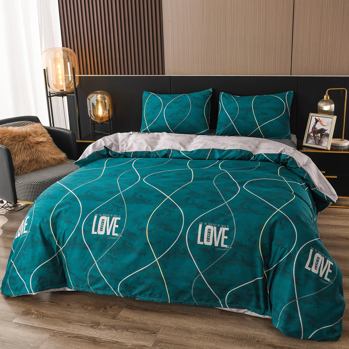 

Blue Green Duvet Cover King Queen Full Twin Single Double Size, 3 Pcs Modern Lines Pattern with Love,Soft Microfiber Bedding Set