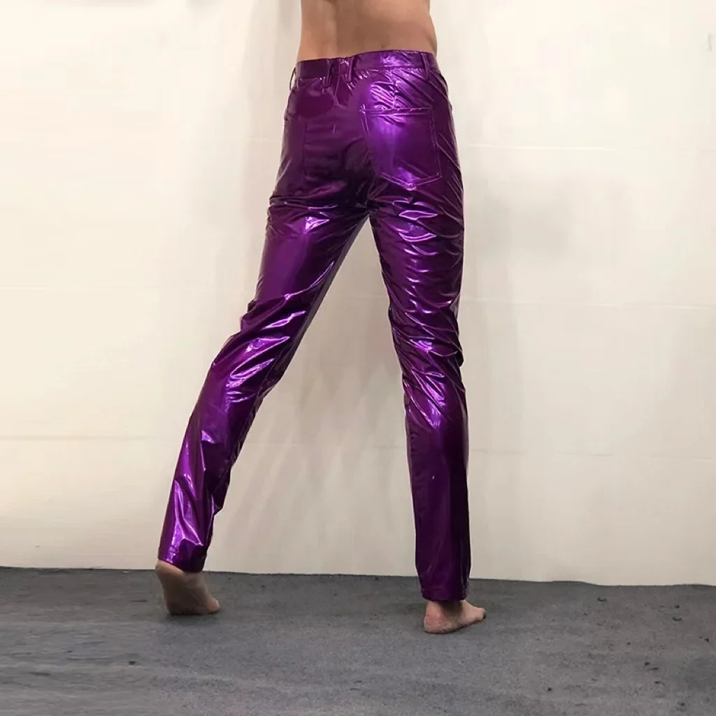 Description Picture 6 of itemShinny Leather Pants Sexy Nightclub Men's DS Costumes Anti-bright PU Pants Purple Tight Stretch Trousers Men Motorcycle Pants
