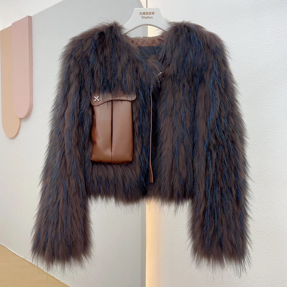 

2023 Winter New Fur Strip Sewed Toghter Short style Thin Raccoon Fur Fox Fur Coat Young Women's Coat