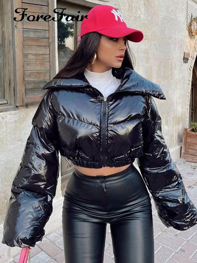 

Forefair 2023 Autumn Winter Solid Jacket Puffer for Women Fashion Casual Zippers Up Cardigan Bubble Cropped Outerwear Warm Coats